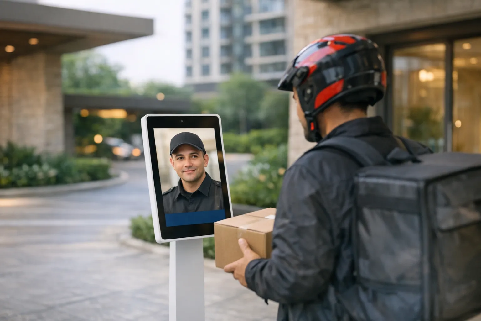 A delivery rider talking to a Smart Community security kiosk at an apartment gate