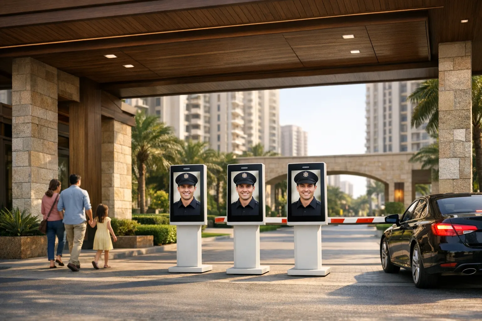 The main gate of a large township with several security kiosks